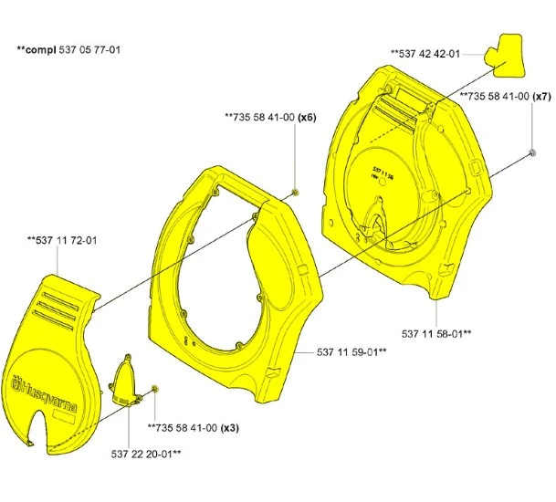 Pokrywa piasty dmuchawy 356BTx Husqvarna w kolorze żółtym, z widocznym logo Husqvarna. Złożona z kilku elementów, ukazująca detale mocowania. Produkt przedstawiony z przodu, zbliżenie na kształt i otwory montażowe. Tło białe, neutralne.