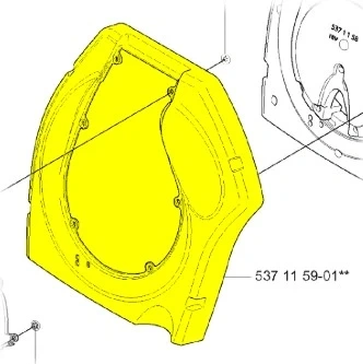 Pokrywa piasty dmuchawy 356BTx Husqvarna w kolorze żółtym, wykonana z tworzywa sztucznego. Produkt widoczny z przodu, zamontowany w osłonie. Na obrzeżach widoczne wymienne otwory mocujące. Standardowy kształt, bez dodatkowych zdobień.