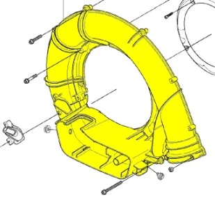 Obudowa wentylatora dmuchawy 356BTx Husqvarna w kolorze żółtym, z widocznymi mocowaniami i otworami montażowymi. Zbliżenie na szczegółowy kształt oraz elementy łączące. Produkt przedstawiony frontalnie, na jednolitym tle.