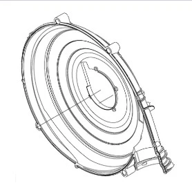 Obudowa wentylatora dmuchawy 356BTx Husqvarna w kolorze szarym, z okrągłym kształtem i gładką powierzchnią. Widok z boku, ukazujący szczegóły mocowania. Bez widocznych napisów lub logo. W tle neutralne, jasne.