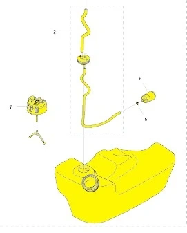 Żółty zbiornik paliwa do dmuchawy Husqvarna 580BFS z widocznym wlewem, otworem od góry oraz odpowiednim mocowaniem. Elementy dodatkowe to przewód oraz nakrętka. Produkt przedstawiony w perspektywie z góry.