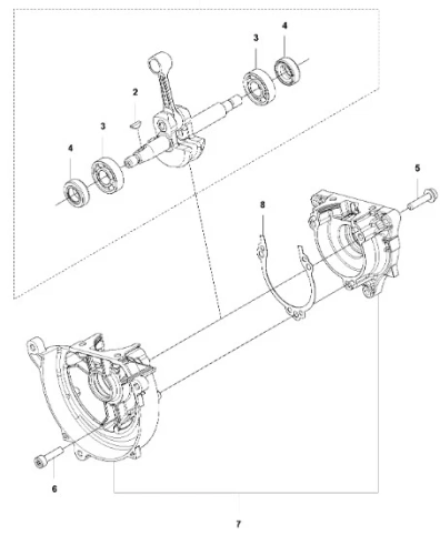 Dmuchawa Husqvarna 525BX, widok boczny na głowicę silnika z oznaczonymi elementami: wałkiem osiowym, łożyskami i mocowaniami, z wyraźną strukturą metalowych części.