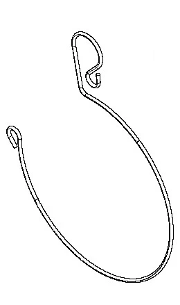 Zacisk dmuchawy 580BFS Husqvarna w formie metalowego elementu, w kształcie okrągłej pętli z jednym końcem zakończonym hakiem. Prezentacja z boku, na jednolitym tle, ukazująca konstrukcję oraz funkcjonalność zacisku.