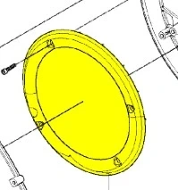 Kanał powietrzny dmuchawy 356BTx Husqvarna w kolorze żółtym, o okrągłym kształcie. Widoczny widok z góry, ukazujący szczegóły mocowania i fakturę. Element ma gładką powierzchnię i otwory montażowe, idealny do zastosowań w ogrodnictwie.