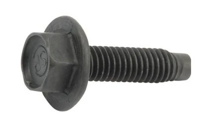 Śruba dmuchawy 530BT Husqvarna, metaliczna, czarna z sześciokątną główką, widoczna z boku, z gwintem na całej długości. Długość śruby umożliwia użycie w urządzeniach ogrodowych. Tło białe, co podkreśla detale produktu.