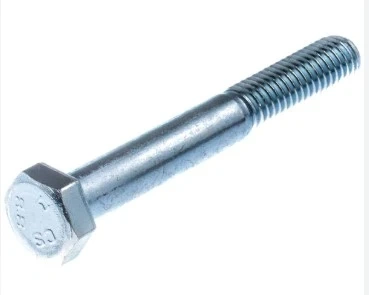 Śruba ridera R 111B Husqvarna, metaliczna, z sześciokątną główką i gwintem, nowa, standardowych wymiarów, z błyszczącą powierzchnią i oznaczeniami. Widok boczny całej długości.