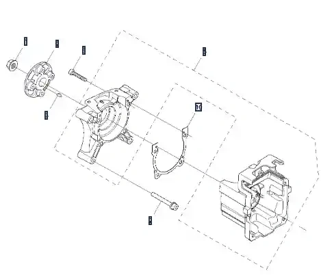 Schemat przedstawiający przetyczkę dmuchawy 570BFS Husqvarna. Widoczny widok z przodu, ukazujący elementy takie jak: główny korpus, dekielek, śruby oraz uszczelki. Detale w formie linii oraz opisów numerowanych, na białym tle.