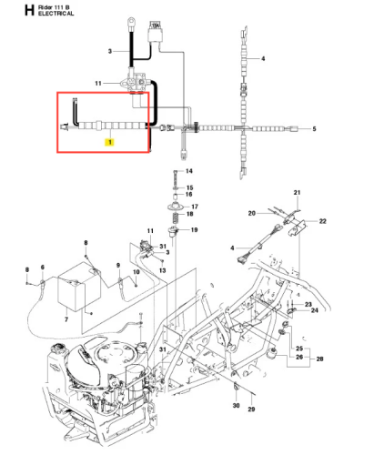 Schemat instalacji elektrycznej ridera R 111B Husqvarna z widocznymi przewodami i mocowaniami, ukazany z góry na jednolitym tle dla łatwego montażu i analizy połączeń.