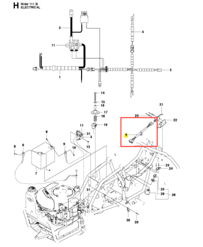 Schemat elektryczny Husqvarna R111B z przewodami, złączami i oznaczeniami części, pokazujący różne grubości przewodów i numery katalogowe na białym tle.
