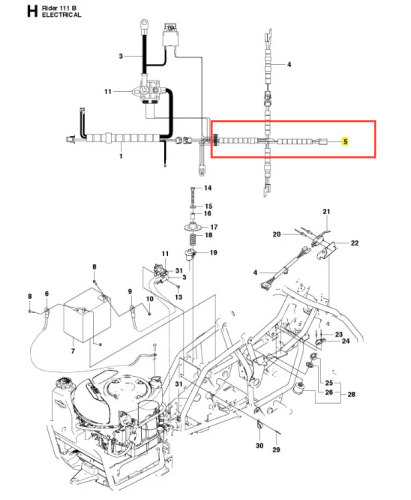 Schemat instalacji elektrycznej ridera R 111B Husqvarna. Przedstawia elementy układu, z oznaczeniem numeru 5. Widoczna instalacja z przewodami, złączkami i komponentami elektrycznymi, na białym tle, w perspektywie z góry.