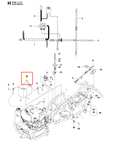 Śruba ridera R 111B Husqvarna, stalowa, w kolorze srebrnym, z gwintem i podkładką. Widok z przodu, zamontowana na zestawie części, w kontekście schematu elektrycznego. Kluczowy element mocujący w układzie, z numerem identyfikacyjnym na schemacie.