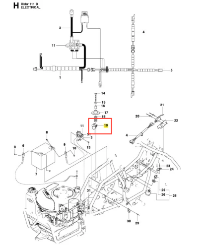 Wyłącznik ridera R 111B Husqvarna, metalowy element w kolorze srebrnym, z czytelnymi oznaczeniami i mocowaniem. Widok w zbliżeniu, prezentujący szczegóły konstrukcyjne. Produkt umieszczony obok innych osprzętów, na neutralnym tle.