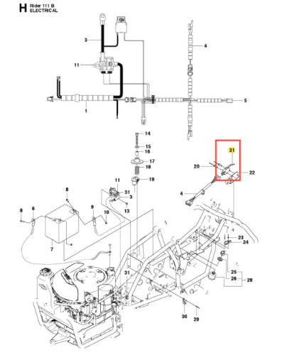 Wyłącznik ridera R 111B Husqvarna, w komplecie z przewodami, zamontowany na ramie. Widoczne złącza elektryczne oraz elementy mocujące. Kąt ujęcia z boku, na jasnym tle, eksponujący detale konstrukcji. Produkt nowy, gotowy do montażu.