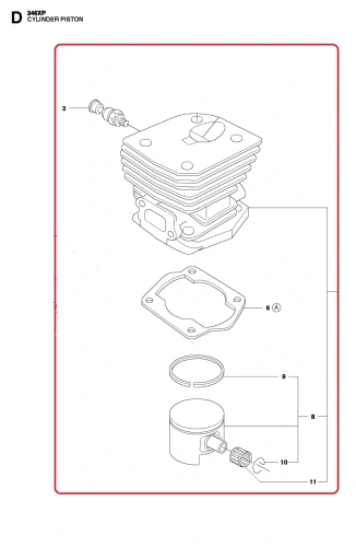 Cylinder pilarki 346XP w ujęciu frontalnym, pokazujący silnik z wyraźnymi szczegółami, w tym cylindrem z wyżłobieniami oraz mocowaniami. Widoczne elementy, takie jak uszczelka, tłok i przewody, umieszczone na białym tle dla lepszej widoczności.