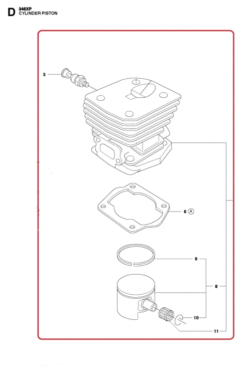 Cylinder pilarki 346XP w ujęciu frontalnym, pokazujący silnik z wyraźnymi szczegółami, w tym cylindrem z wyżłobieniami oraz mocowaniami. Widoczne elementy, takie jak uszczelka, tłok i przewody, umieszczone na białym tle dla lepszej widoczności.