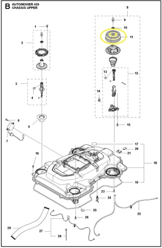 Obudowa amortyzatora do Automower 315X/520 Husqvarna w kolorze czarnym, przedstawiona z boku. Produkt leży na płaskiej powierzchni, ukazując gładką, matową teksturę oraz widoczne otwory montażowe i pasek podłączeniowy.