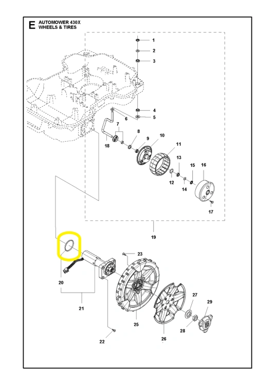 O-Ring do Automower 430X Husqvarna, widoczny w zestawieniu technicznym. Cienki okrągły pierścień, elastyczny, wykonany z gumy, umieszczony na białym tle. Element montażowy, używany w systemie kół robota koszącego, ważny dla uszczelnienia.