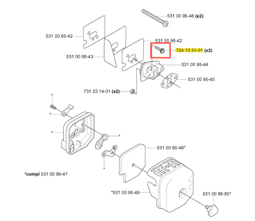 Śruba dmuchawy 125 BT Husqvarna, metaliczna, okrągła, w kolorze srebrnym, widoczna na schemacie montażowym z oznaczeniem. Zbliżenie na element mocujący do części dmuchawy, umieszczony w obszarze silnika. W tle inne komponenty.