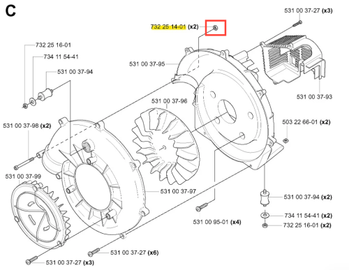 Metalowa, srebrna nakrętka dmuchawy Husqvarna 125 BT, okrągła z wycięciem na śrubę, ujęcie boczne na jasnym tle z oznaczeniem numeru katalogowego.