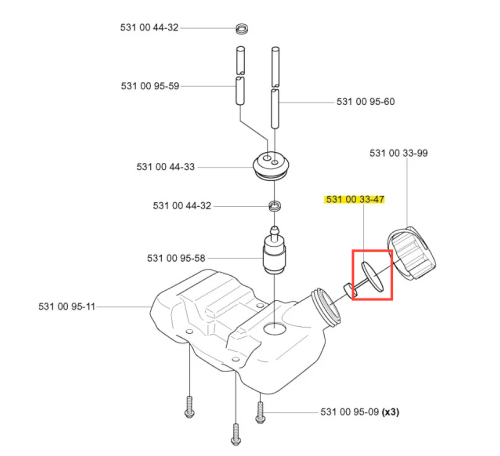 Zawór dmuchawy 125 BT Husqvarna w pozycji leżącej na białym tle. Element składa się z części metalowych i plastikowych, o widocznych gwintach i etykietach z kodami. Zawór ma ergonomiczny kształt z uchwytem i jest oznaczony numerem 531 00 33-47.