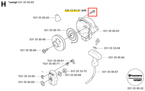Śruba dmuchawy Husqvarna 125 BT o srebrnym kolorze, z widocznym gwintem. Ujęcie frontalne w szczegółowym rzucie, ukazujące pełną długość i kształt elementu. Produkt stanowi istotny komponent do montażu w urządzeniach ogrodowych.