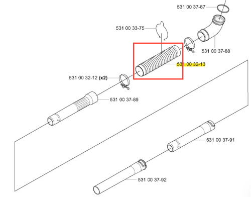 Rura dmuchawy 125 BT Husqvarna, cylindryczna, plastikowa, pozioma z rowkowymi detalami. Wysoka jakość, oznaczenia i numery części widoczne na rysunku technicznym.