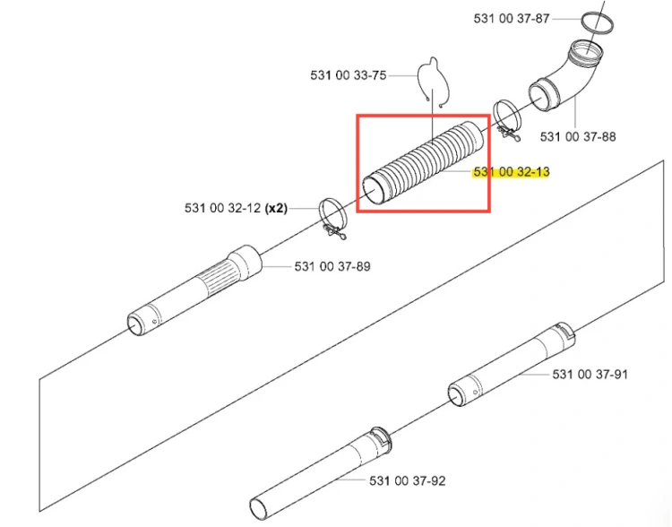 Rura dmuchawy 125 BT Husqvarna, cylindryczna, plastikowa, pozioma z rowkowymi detalami. Wysoka jakość, oznaczenia i numery części widoczne na rysunku technicznym.