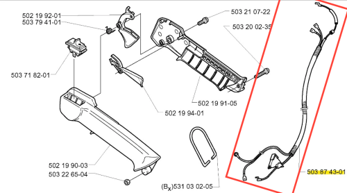 Instalacja elektryczna dmuchawy 225 B Husqvarna w układzie pionowym na białym tle, z widocznymi przewodami, uchwytami i oznaczeniami numerów katalogowych.