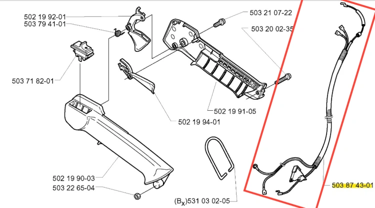 Instalacja elektryczna dmuchawy 225 B Husqvarna w układzie pionowym na białym tle, z widocznymi przewodami, uchwytami i oznaczeniami numerów katalogowych.