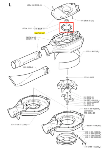 O-ring do dmuchawy 225 B Husqvarna, czarny gumowy pierścień uszczelniający, nowy, widoczny z boku w obszarze montażowym, na białym tle dla lepszej widoczności detalu.