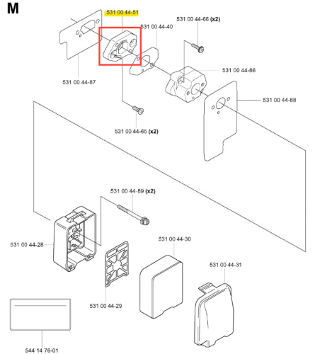 Adapter dmuchawy 155 BT Husqvarna w widoku frontalnym, przedstawiający metalową obudowę o prostokątnym kształcie. Na części widocznej znajdują się wyraźne oznaczenia numerów części. Tło neutralne, białe, skupia uwagę na produkcie.