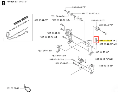 Śruba dmuchawy 155 BT Husqvarna, metalowa, w kolorze srebrnym, z gwintem. Widoczna z boku, w ujęciu technicznym, na schemacie. Oznaczenie 531 00 44-78. Część montażowa z płaską główką, mająca zastosowanie w urządzeniach ogrodniczych.