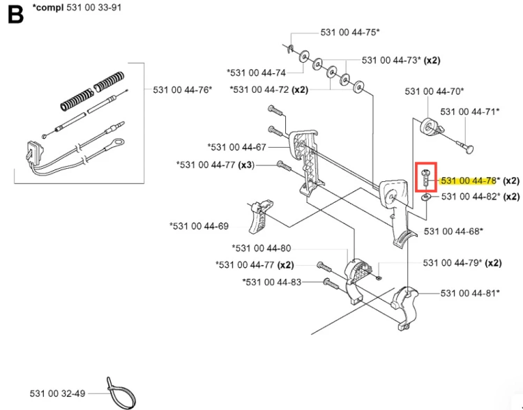 Śruba dmuchawy 155 BT Husqvarna, metalowa, w kolorze srebrnym, z gwintem. Widoczna z boku, w ujęciu technicznym, na schemacie. Oznaczenie 531 00 44-78. Część montażowa z płaską główką, mająca zastosowanie w urządzeniach ogrodniczych.