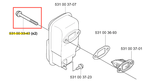 Metalowa śruba dmuchawy 155 BT Husqvarna, cylindryczna, gwintowana całą długością, dł. ok. 5 cm, widoczna z góry na białym tle technicznym w otoczeniu części dmuchawy.