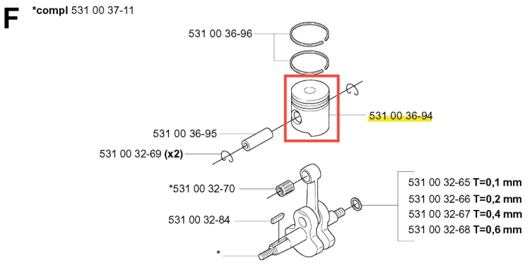 Tłok dmuchawy Husqvarna 155 BT, srebrny, okrągły z rowkami, widok frontalny z pierścieniami, oznaczenia i numery katalogowe na obudowie, trwały metal, idealny do wymiany części.