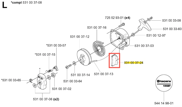 Osłona dmuchawy 155 BT Husqvarna, czarna plastikowa, prostokątna z delikatnym wyprofilowaniem i otworami montażowymi. Widoczne logo Husqvarna i numer 53100-37-24 na jasnym tle.