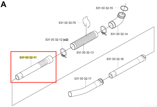 Rura dmuchawy 155 BT Husqvarna, prostokątna, w odcieniu szarym, z teksturowaną powierzchnią w dolnej części. Widoczna część z otworem u góry, z detali napisu identyfikacyjnego. Umieszczona poziomo na białym tle, bez dodatkowych akcesoriów.