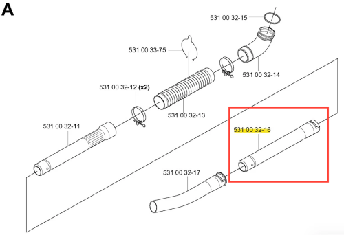 Rura dmuchawy 155 BT Husqvarna, prostokątna, metaliczna, z numerami seryjnymi, widoczna z boku, prosta, z końcówką mocującą, na białym tle podkreślającym teksturę i oznaczenia modelu.