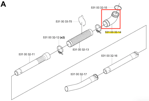 Rura dmuchawy 155 BT Husqvarna, w kształcie zakrzywionym, wykonana z materiału plastikowego, w kolorze czarnym. Zdjęcie przedstawia różne widoki produktu, ukazując jego detale oraz elementy mocujące. Ułożona poziomo na białym tle.