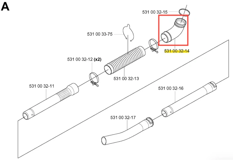 Rura dmuchawy 155 BT Husqvarna, w kształcie zakrzywionym, wykonana z materiału plastikowego, w kolorze czarnym. Zdjęcie przedstawia różne widoki produktu, ukazując jego detale oraz elementy mocujące. Ułożona poziomo na białym tle.