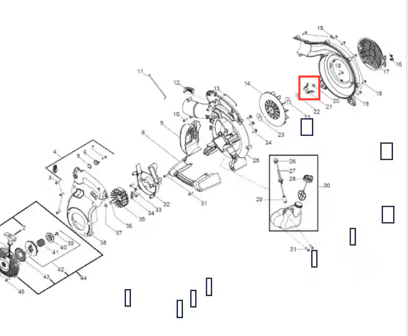 Podkładka dmuchawy 125BVX Husqvarna w formie schematu, przedstawiająca elementy konstrukcyjne. Widoczna podkładka, umieszczona w centralnej części rysunku, z wyraźnymi numerami części. Tło białe, z detalami technicznymi i oznaczeniami.