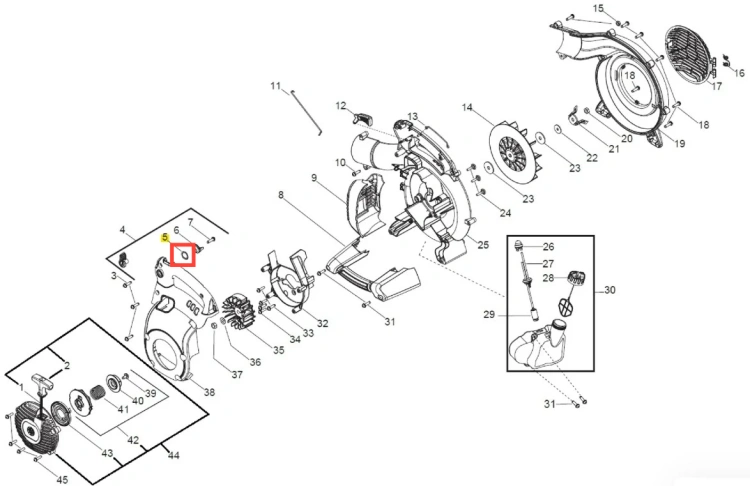 Podkładka dmuchawy 125BVX Husqvarna w kolorze czarnym, wytrzymała, o okrągłym kształcie. Widoczna z boku, eksponuje detale mocowania. Produkt na białym tle, podkreślający jego właściwości. Idealna do użytku z dmuchawą Husqvarna.