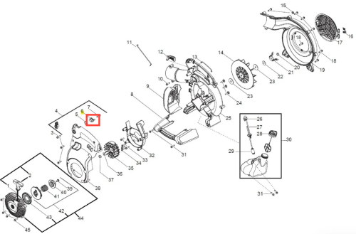 Część dmuchawy Husqvarna 125BVX – srebrny tempomat z grzechotką, z widocznymi oznaczeniami i mocowaniami. Widok boczny na mechaniczne detale na białym tle.