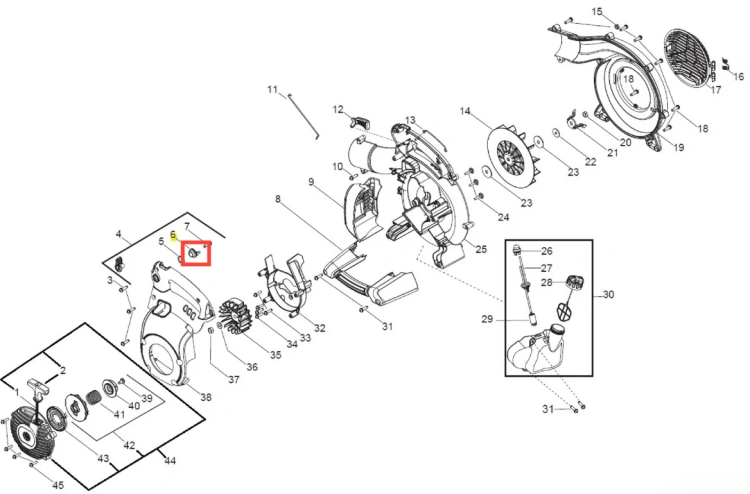 Część dmuchawy Husqvarna 125BVX – srebrny tempomat z grzechotką, z widocznymi oznaczeniami i mocowaniami. Widok boczny na mechaniczne detale na białym tle.
