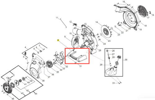 Uchwyt dmuchawy 125BVX Husqvarna w kolorze czarnym, z widocznymi mocowaniami. Produkt przedstawiony z boku, w zbliżeniu na detale mocowania. Tło proste, białe, co podkreśla kontury uchwytu. Idealny do zastosowania w ogrodnictwie.