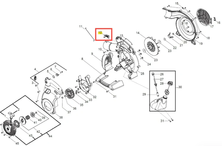 Przepustnica dmuchawy Husqvarna 125BVX, metalowa, czarna, z widocznym oznaczeniem. Leżąca, widok z góry, z elementem montażowym i schematem części.