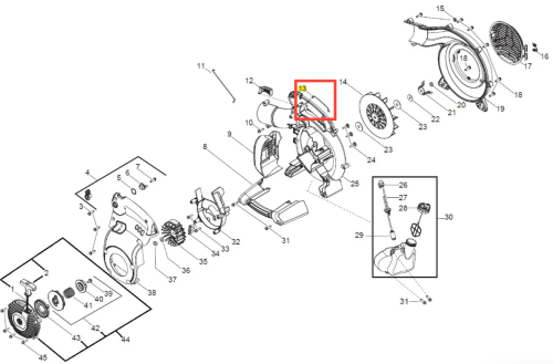 Metalowy drut dmuchawy Husqvarna 125BVX w srebrnym kolorze z otworami mocującymi, widok boczny, zbliżenie na detale, na tle schematu montażu urządzenia ogrodowego.
