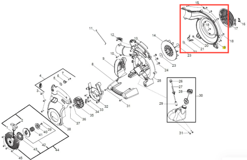 Zbliżenie na detale dmuchawy Husqvarna 125BVX, prezentujące silnik z widocznym wirnikiem i elementy mocujące. Na schemacie odzwierciedlone są również inne komponenty. Tło jest proste, co ułatwia identyfikację części.