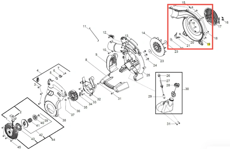 Zbliżenie na detale dmuchawy Husqvarna 125BVX, prezentujące silnik z widocznym wirnikiem i elementy mocujące. Na schemacie odzwierciedlone są również inne komponenty. Tło jest proste, co ułatwia identyfikację części.
