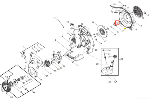 Nakrętka dmuchawy 125BVX Husqvarna, metalowa, w kolorze srebrnym, z gładką powierzchnią. Widok w zbliżeniu, ukazujący kształt i detale mocowania. Produkt leży na białym tle, co podkreśla jego formę i detale komponentów.